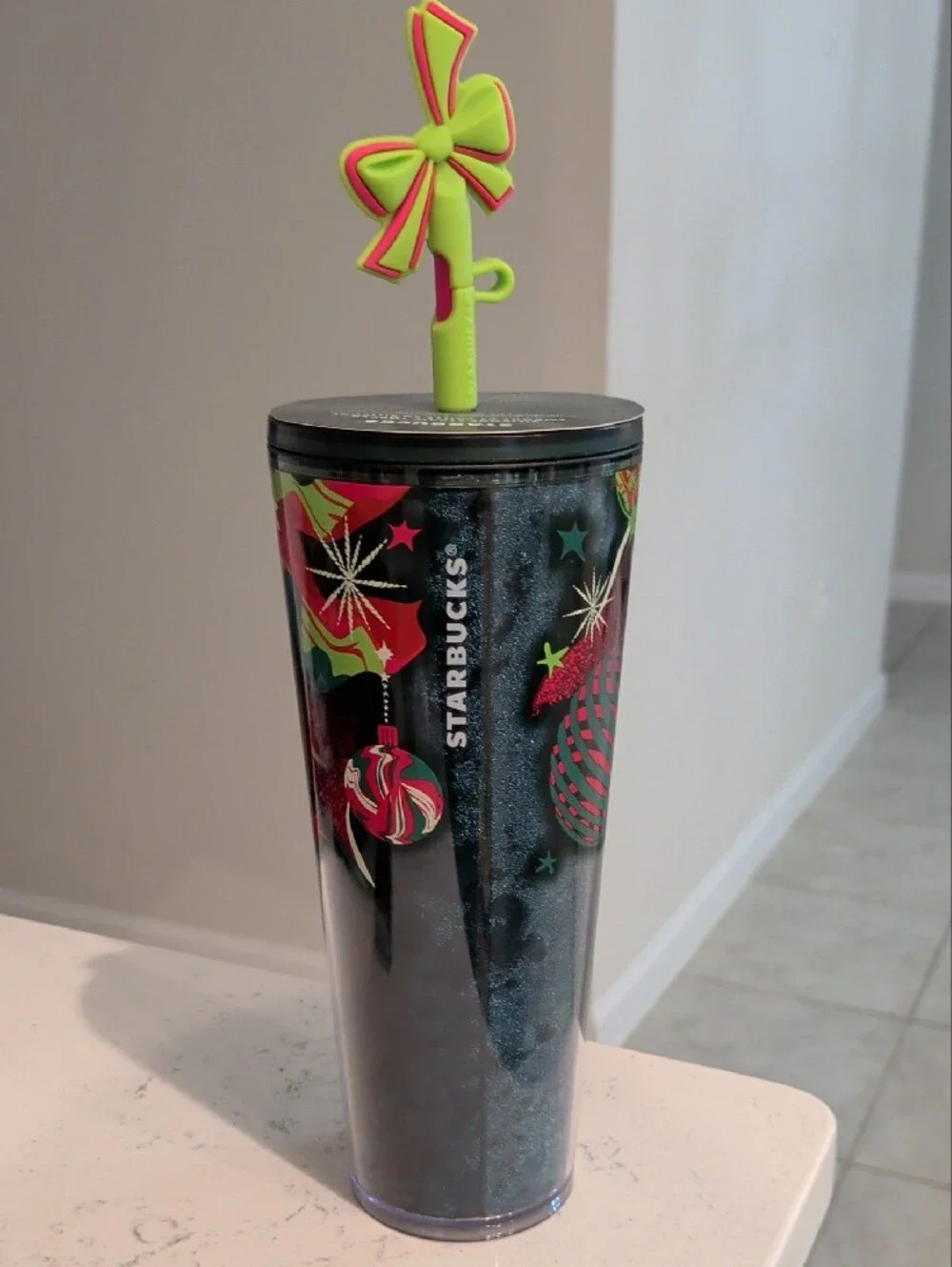 Starbucks Green & Pink Holiday Ornament Tumbler with Bow Straw